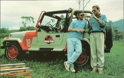 Steven Spielberg standing alongside Sam Neill on the sets of Jurassic Park